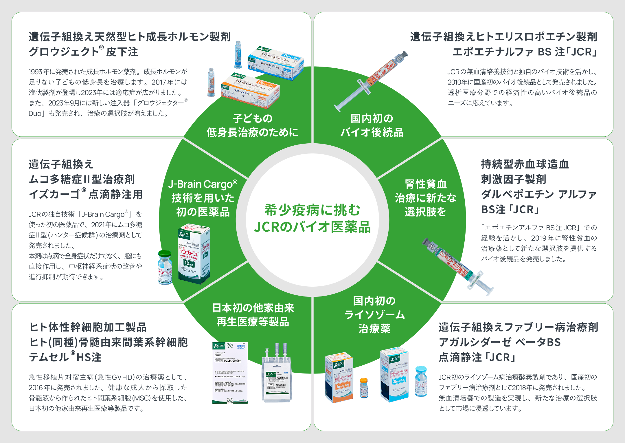 希少疾病に挑むJCRのバイオ医薬品として、成長ホルモン製剤、バイオ後続品、腎性貧血治療薬、ライソゾーム病治療薬、再生医療等製品、J-Brain Cargo&reg;技術を用いた医薬品を紹介。